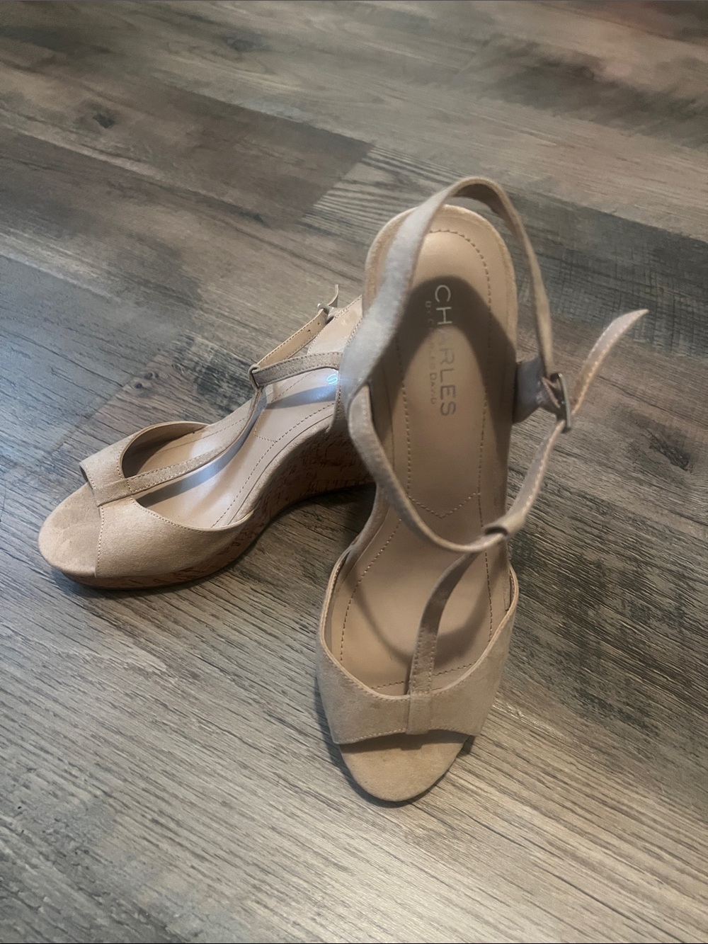 Charles By Charles David Neutral Beige Suede T-Strap Wedges